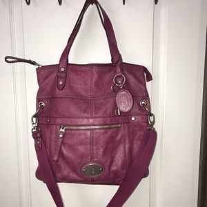 Large Magenta Fossil Leather Pageboy Bag